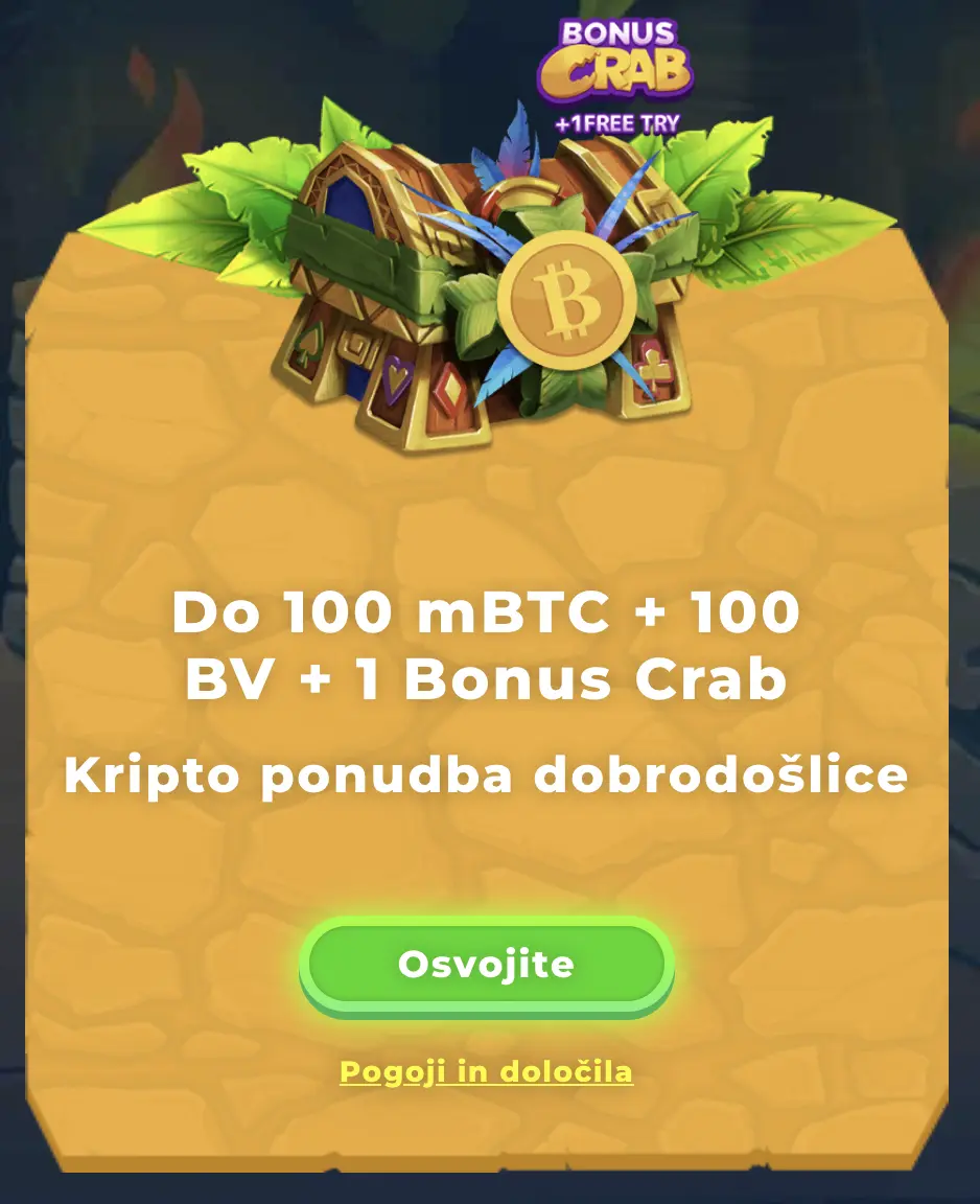 Kripto bonus dobrodošlice do 100 mBTC + 100 BV in 1 Bonus Crab Skrinja z znakom bitcoina in napisom Bonus Crab – kripto ponudba